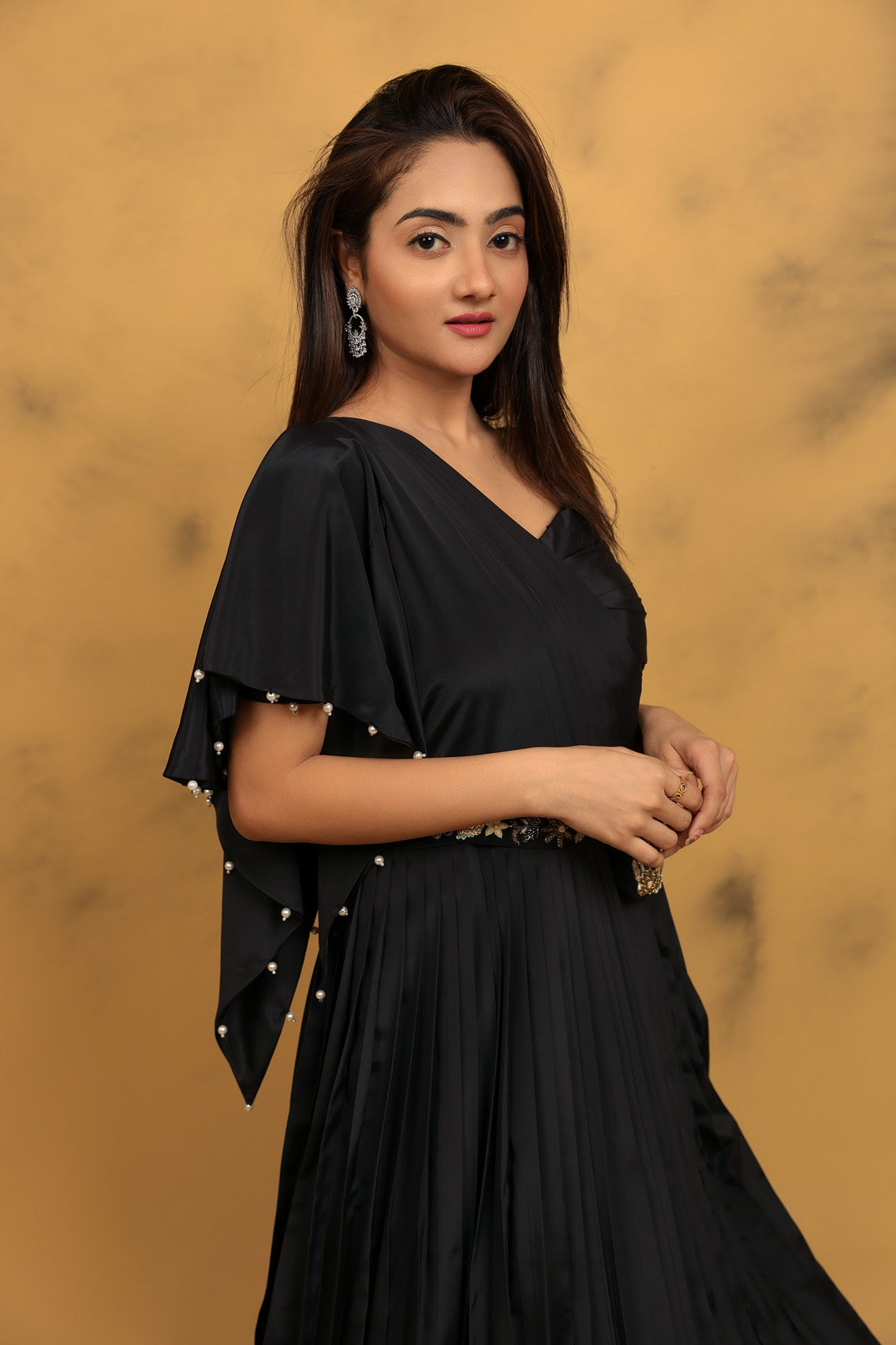 Black drape gown with belt and pouch