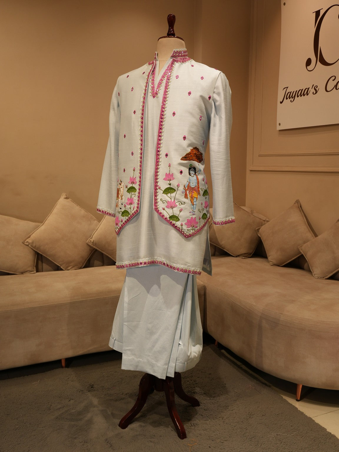 Powder blue hand painted shrikrishna ji jacket kurta pants