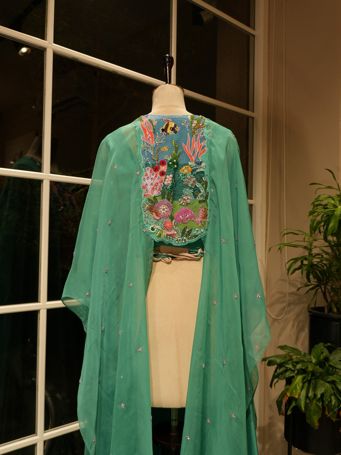 Sea green cape gown