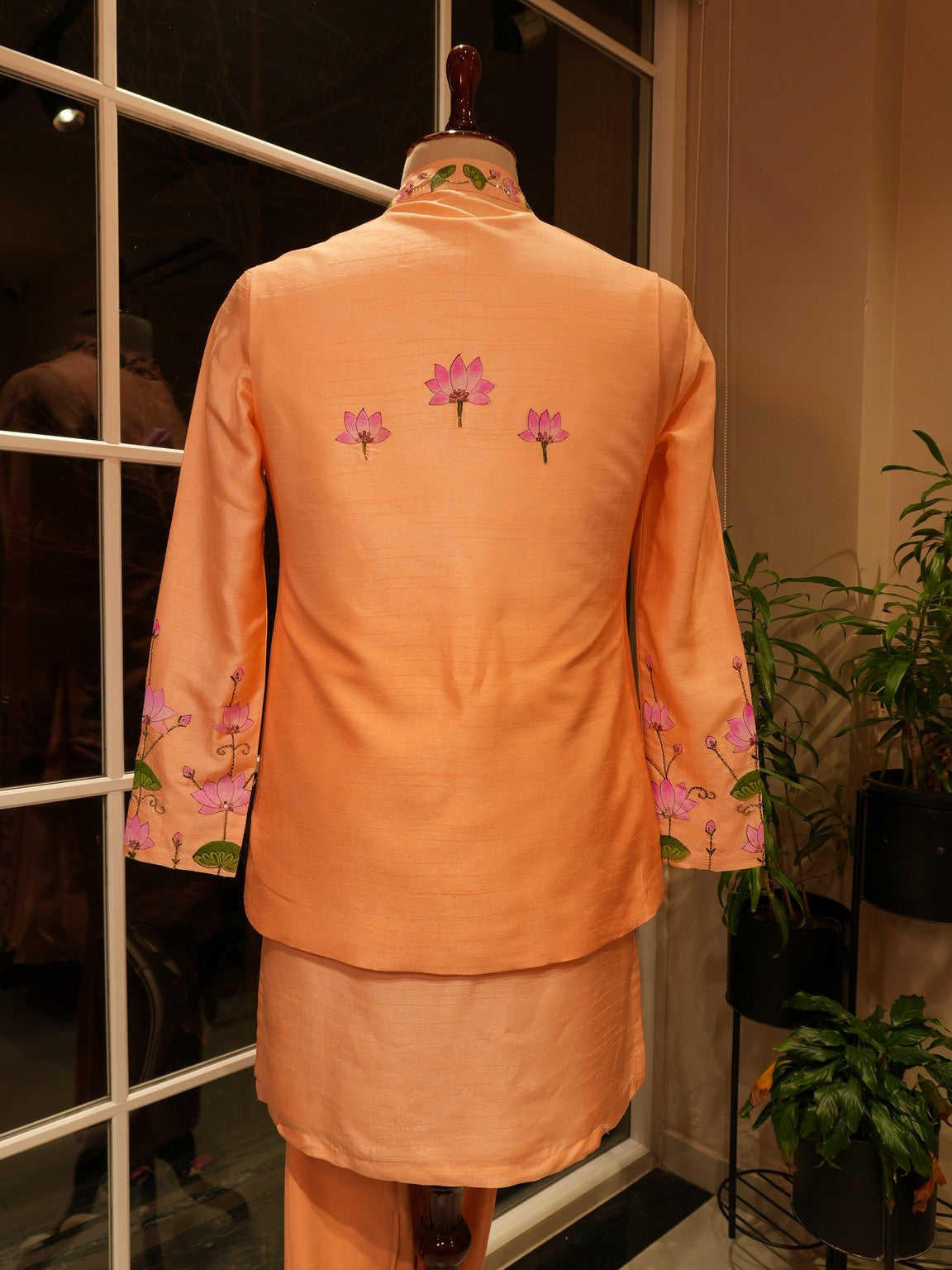 Pastel peach pichwai mens koti with kurta pants