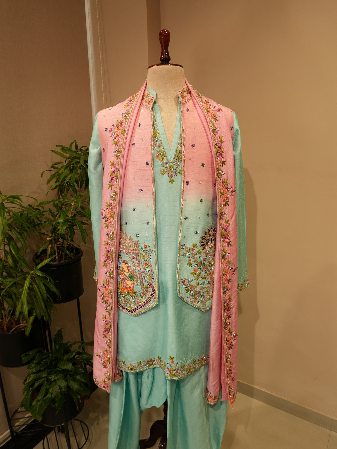 Pink sea green radha krishna ki hand painted mens indo western