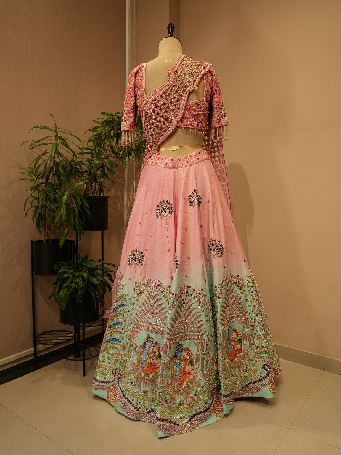 Pink sea green shaded hand painted radha krishna ji lehenga set