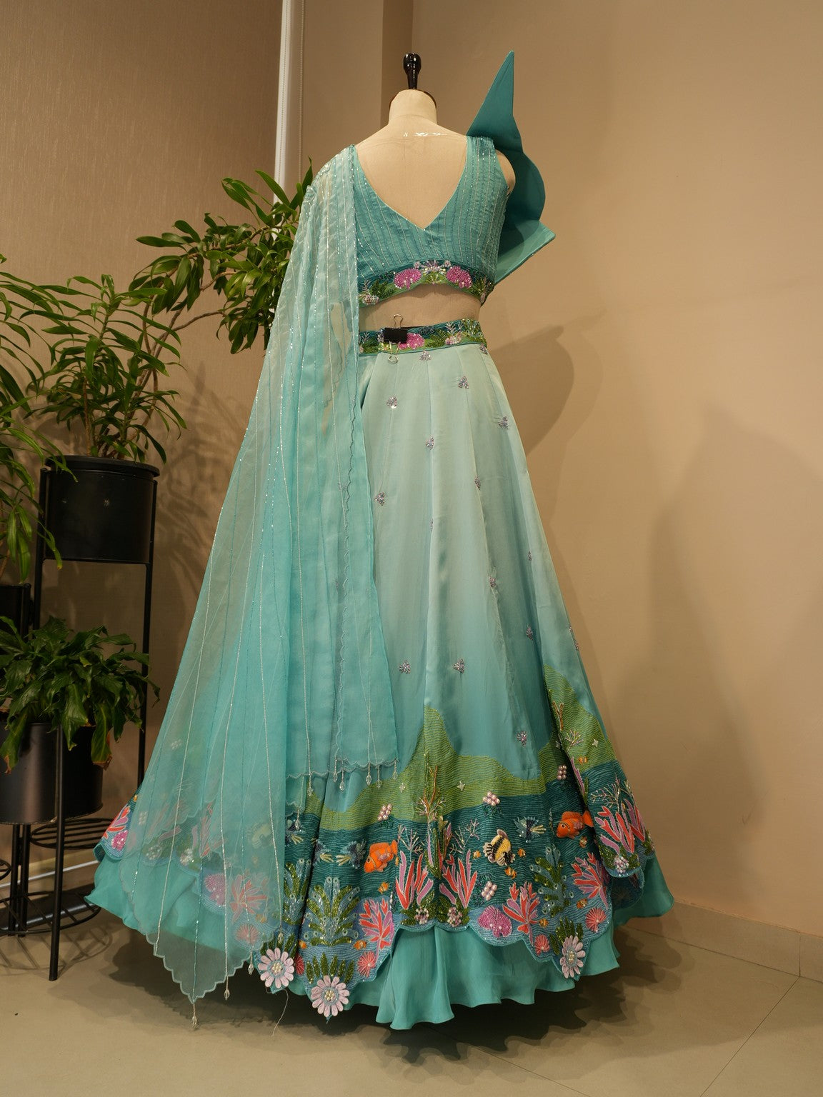 Sea green shaded aqua lehenga set