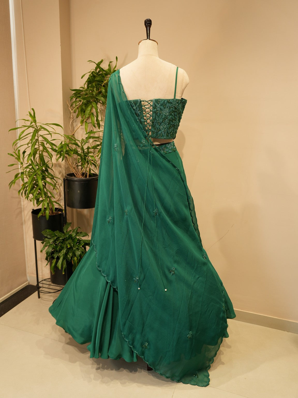 Bottle green croset with skirt and dupatta