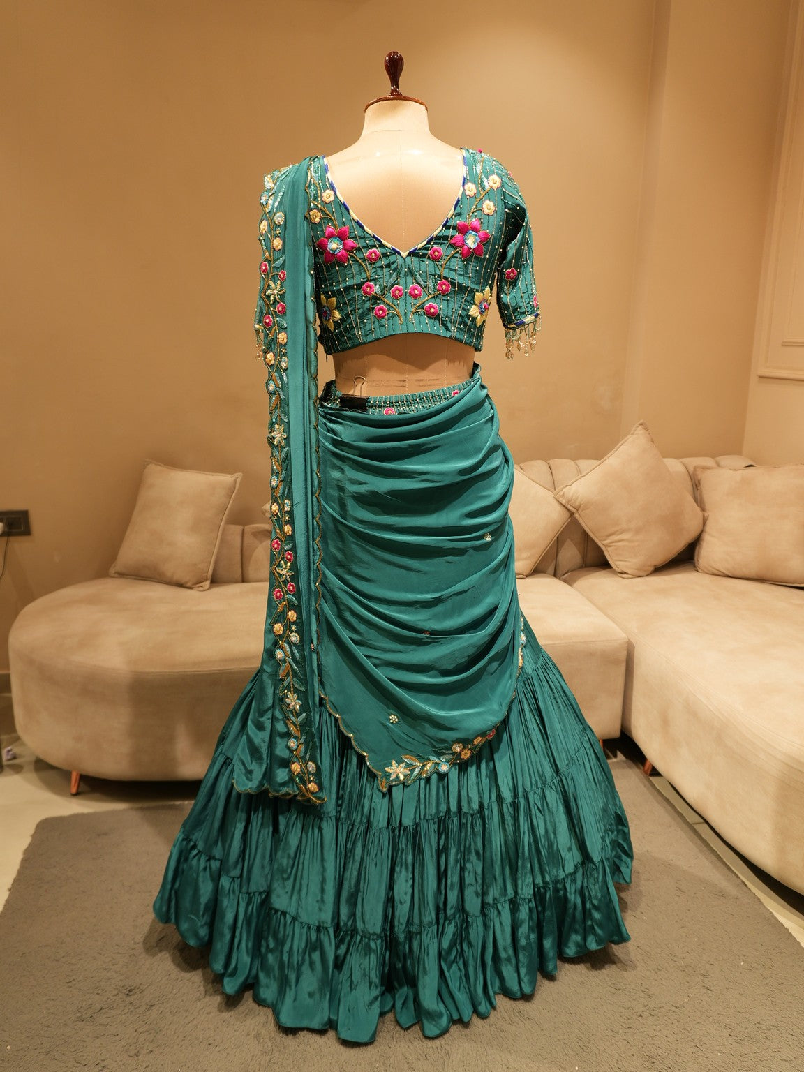 Teal green peacock fish cut lehenga set