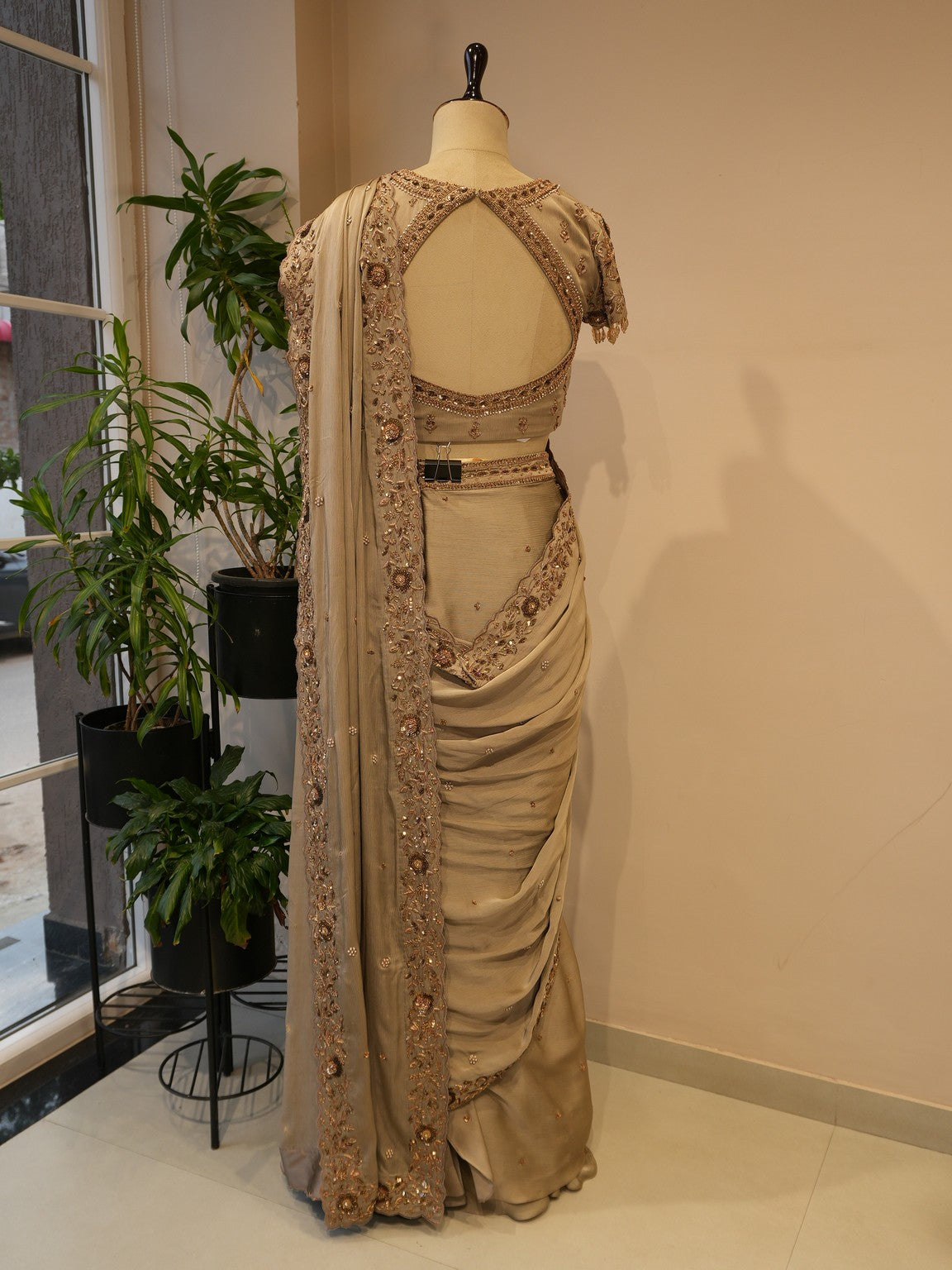 Metallic beige embroidered saree