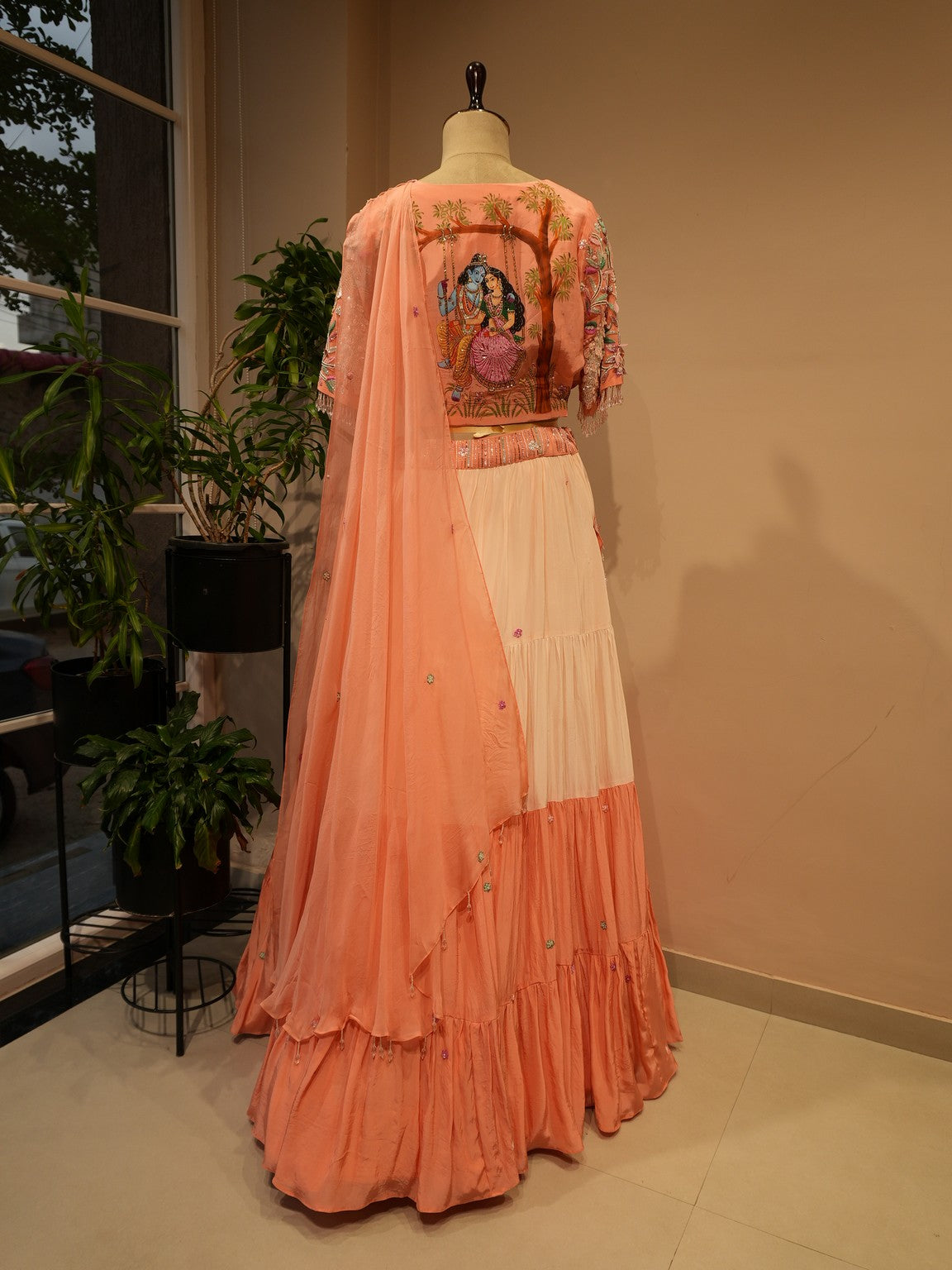 Peach shade Radha Krishan Ji Hand painted Lehenga