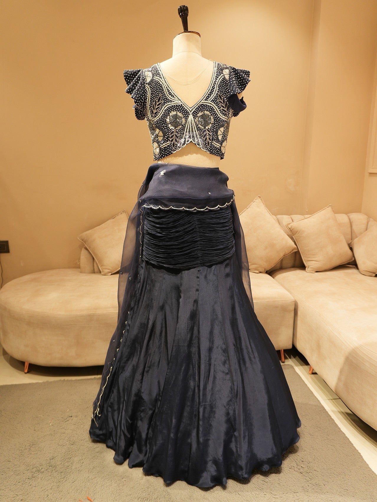 Navy blue crop top with drape skirt and dupatta