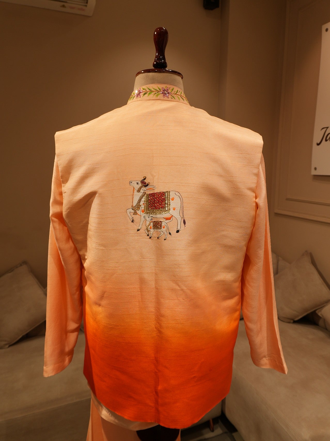 Rust orange shaded radha krishna ji hand painted mens neheru jacket kurta pants