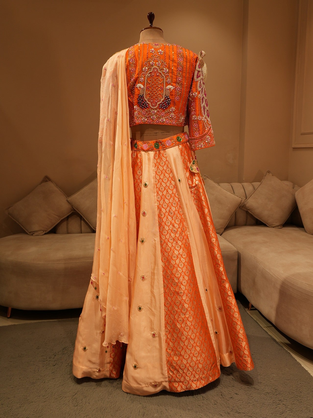 Rust orange peacock lehenga set