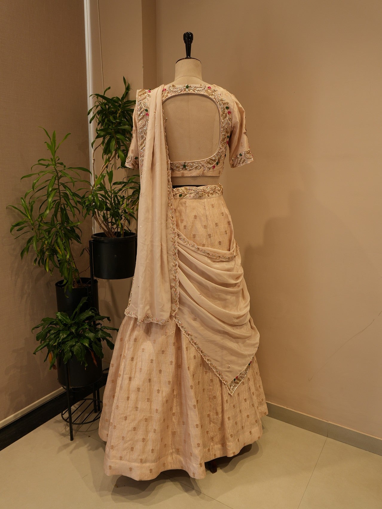 Beige tissue stone zardosi lehenga set