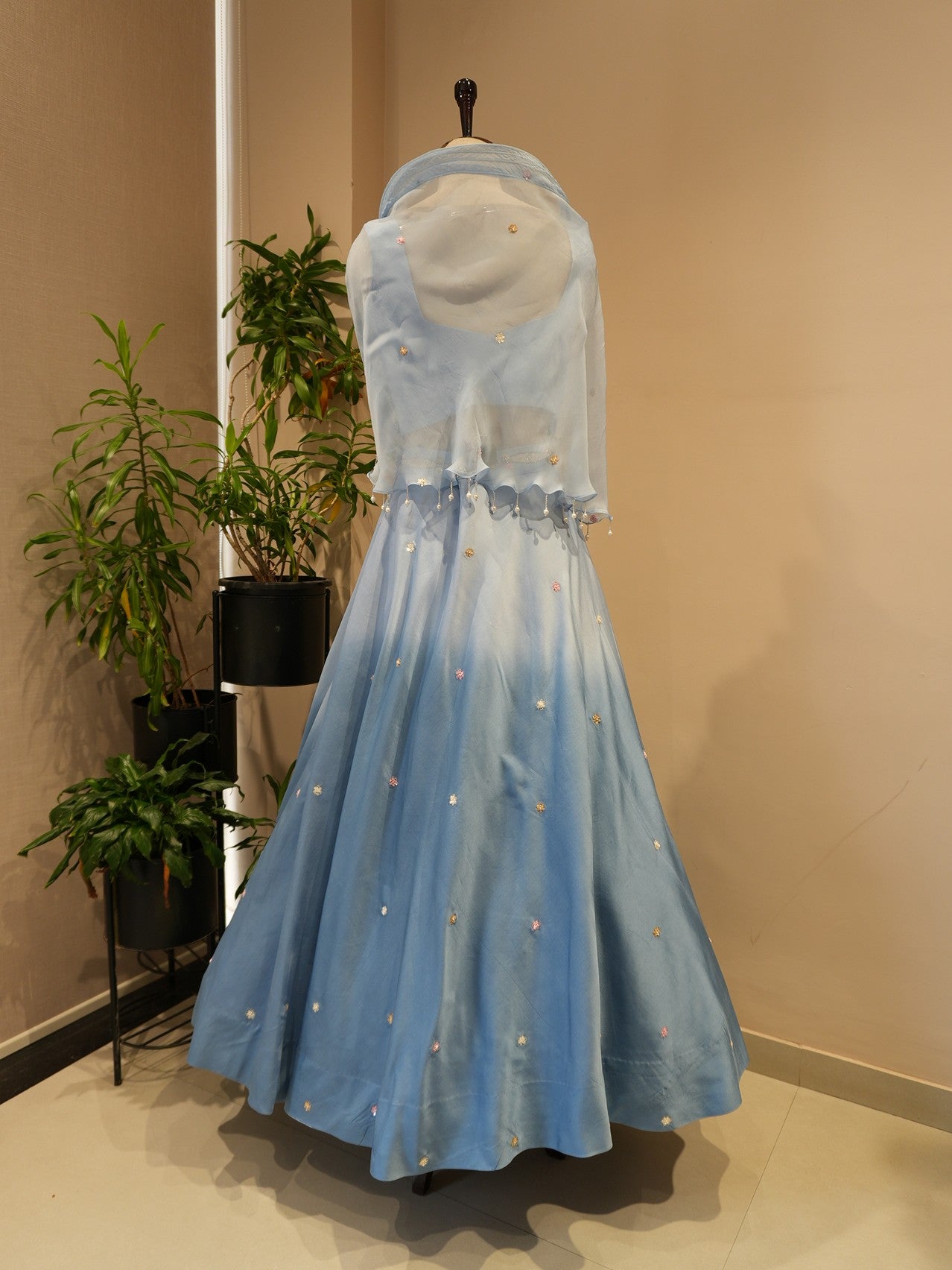Powder blue drape crop top with skirt