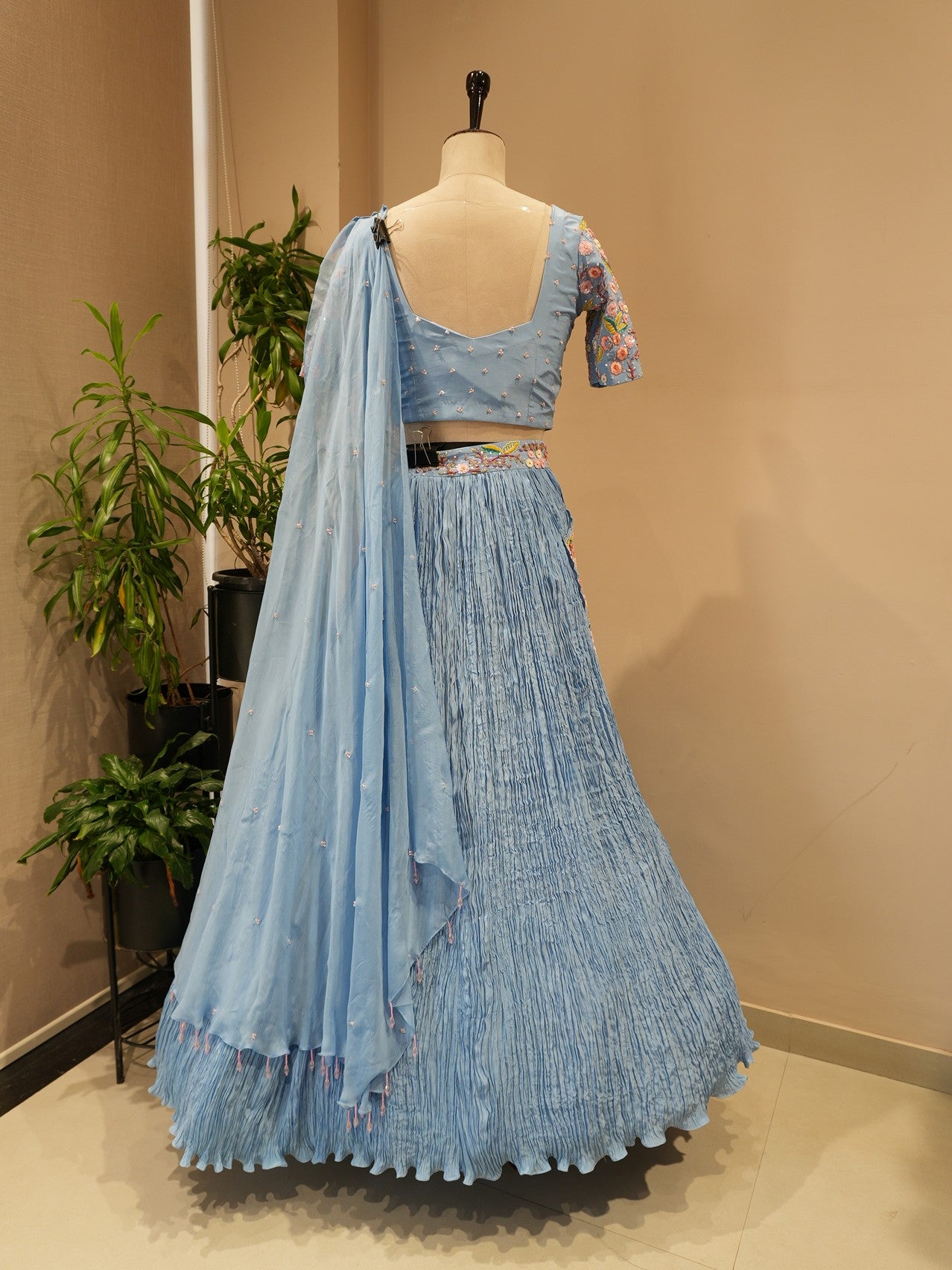 Powder blue drape lehenga set