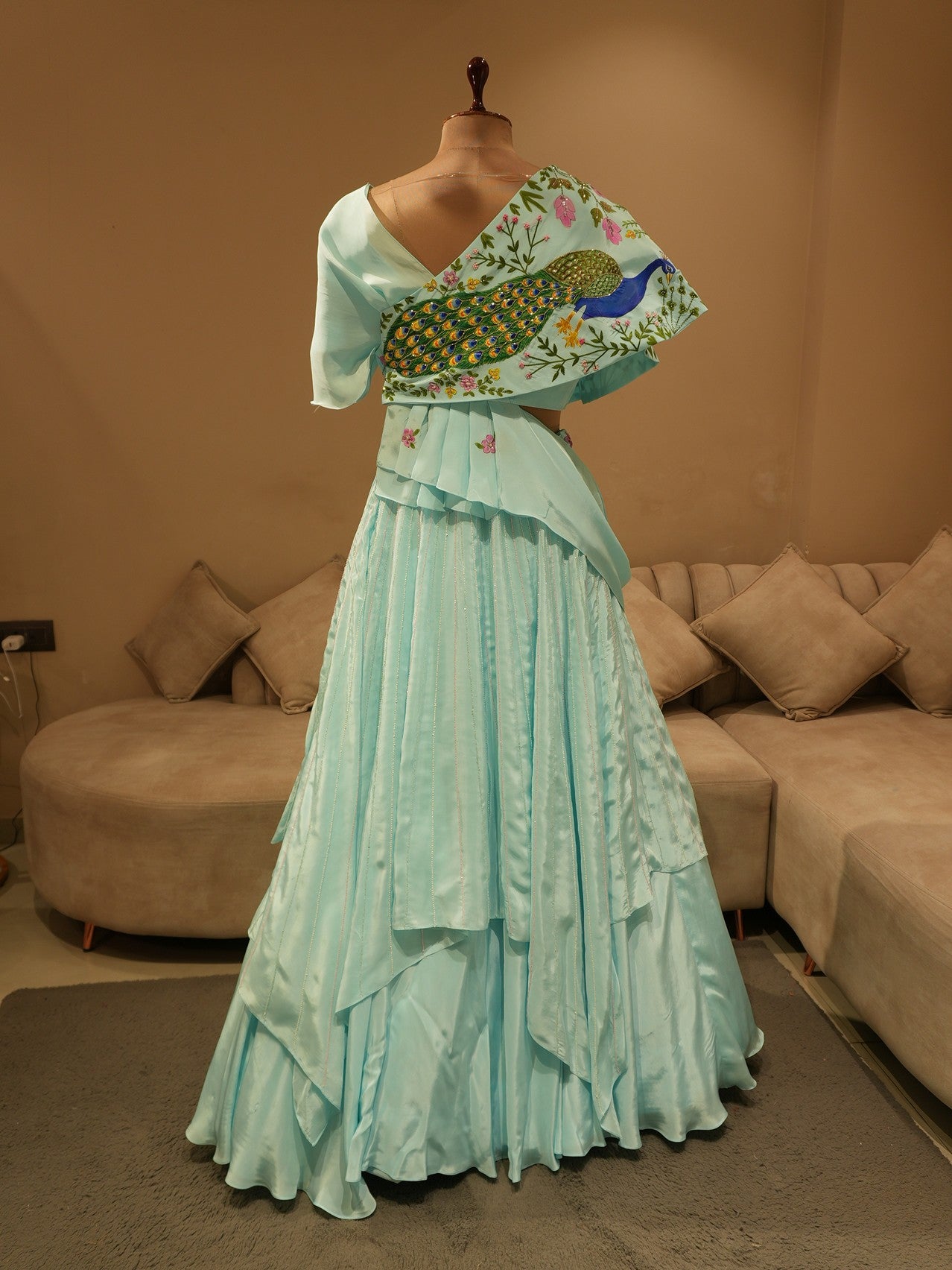 Powder blue peacock hand painted cape top skirt