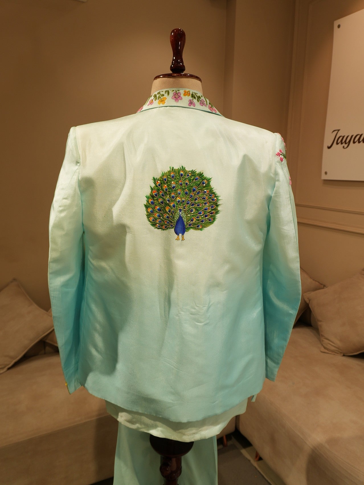 Powder blue peacock hand painted mens indo western