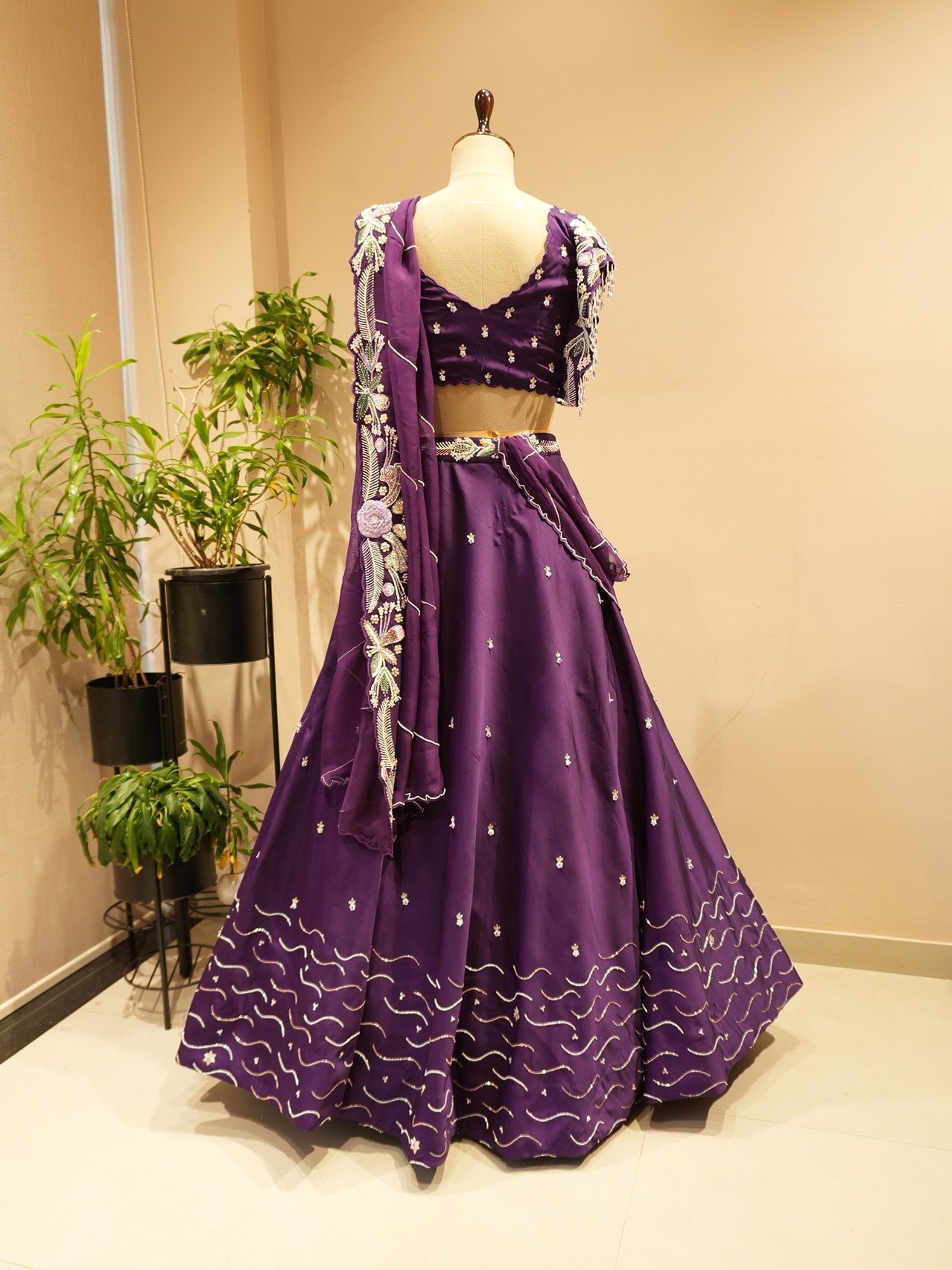 Deep purple crane lehenga set