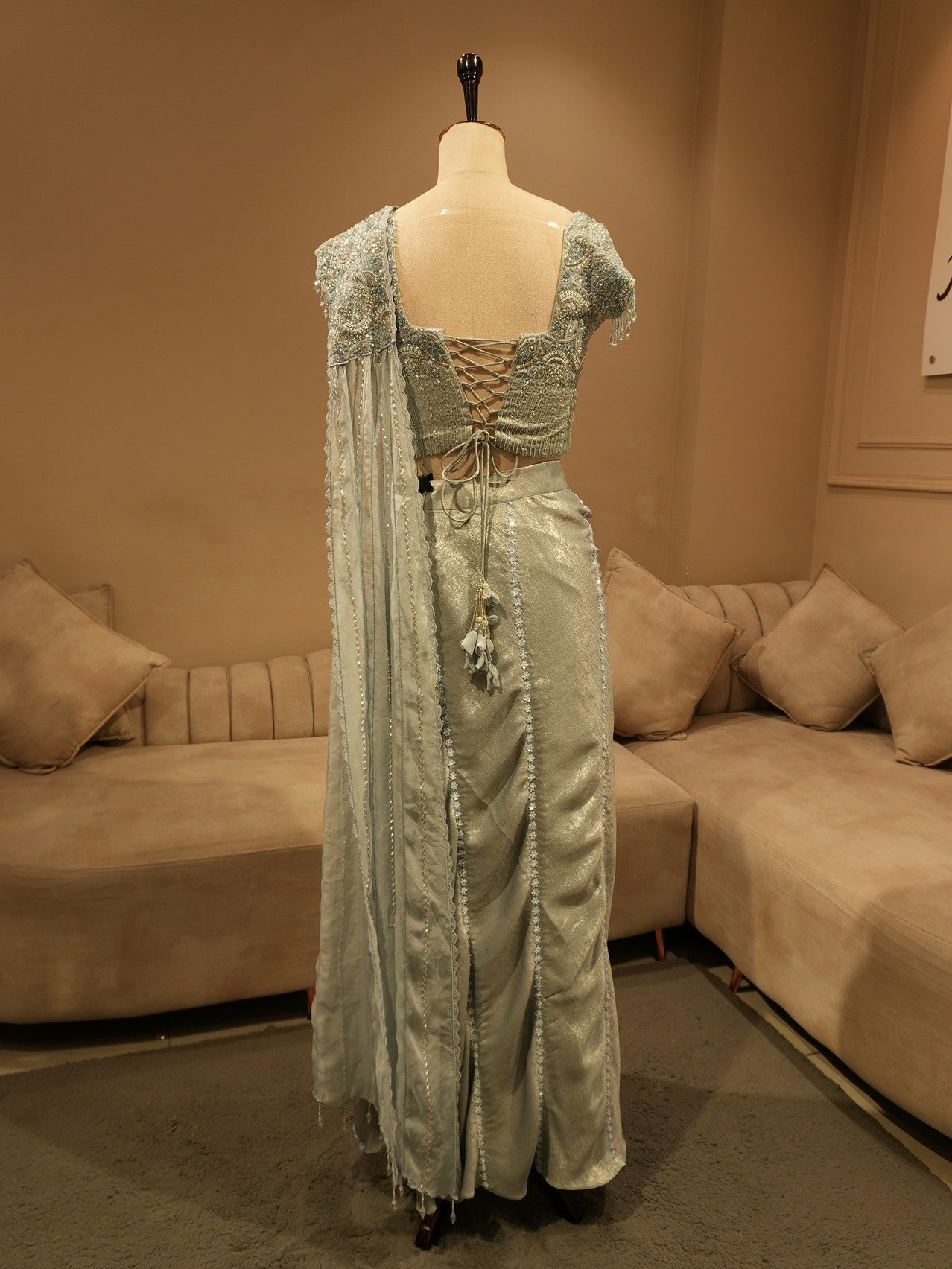 Steel grey embroidered drape saree