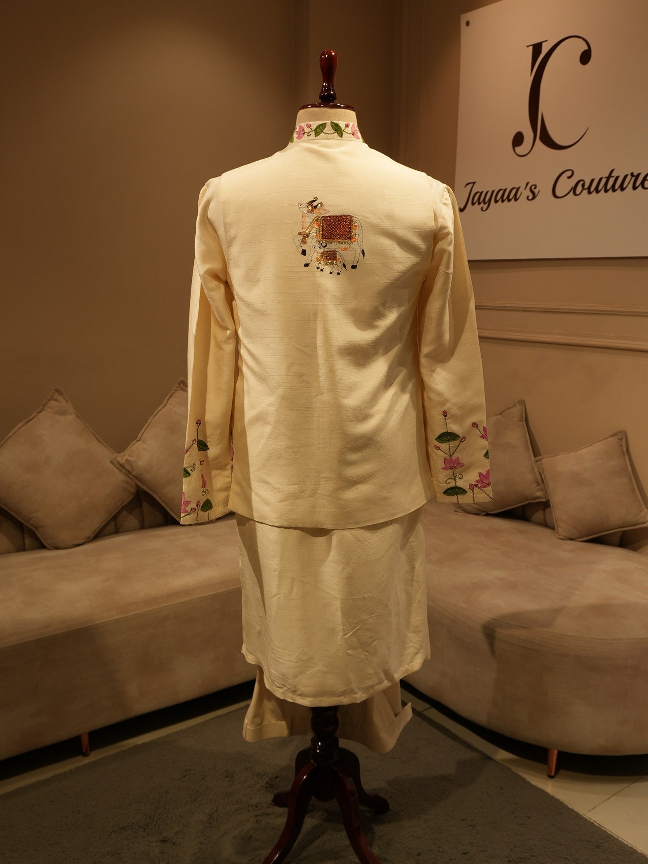 Off white shreenathji hand painted mens neheru jacket with kurta pants