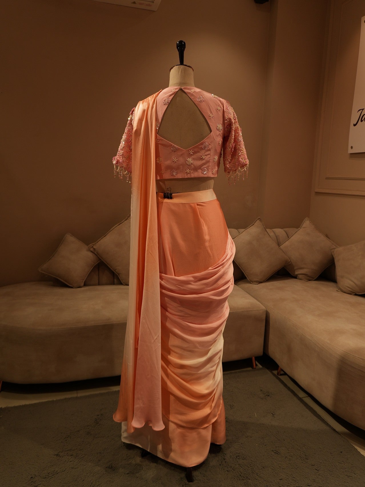 Peach pink shaded drape saree