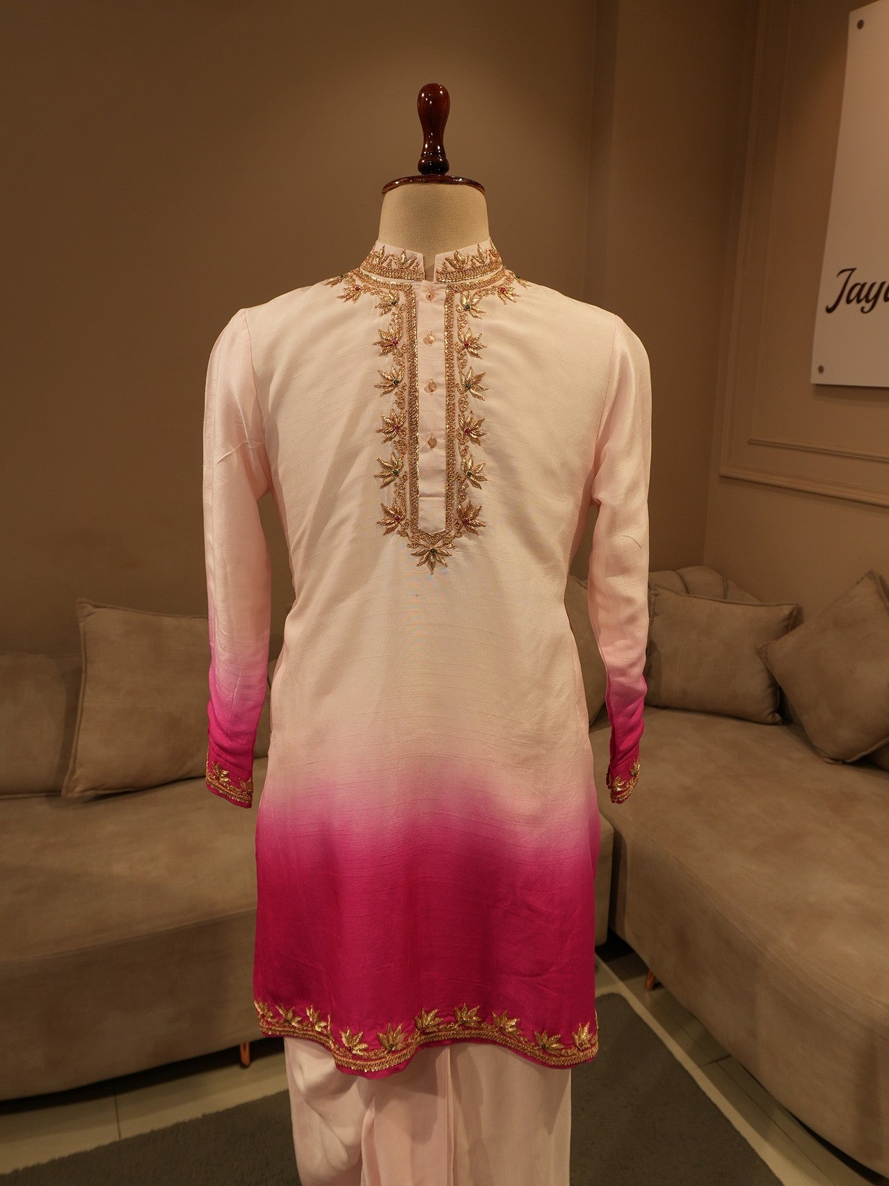 Pink rani shaded zardoi mens kurta dhoti