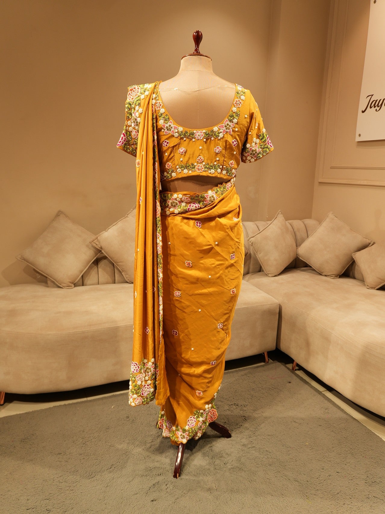 Mustard yellow embroidered saree