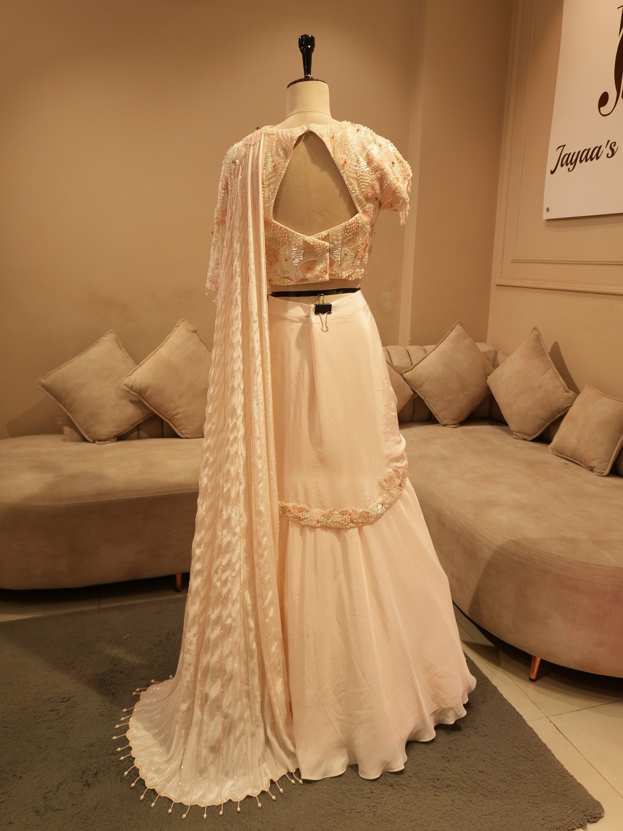 Pastel peach drape lehenga set