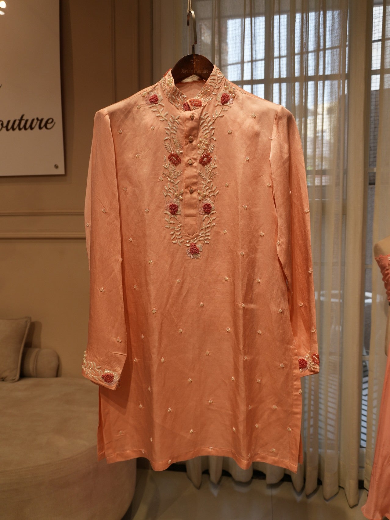 Peach rose gold mens kurta with dhoti