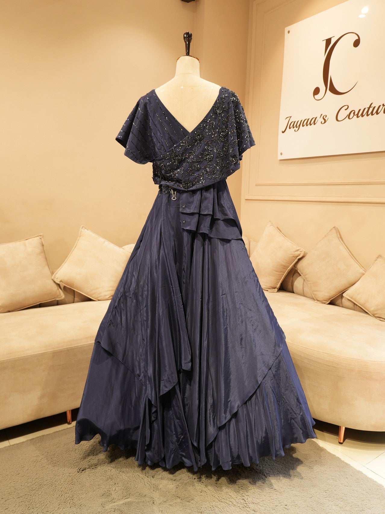 Ink blue drape cape top with skirt