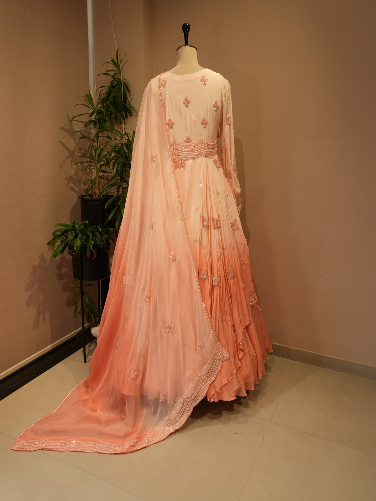 Rose gold peach shaded gown with dupatta
