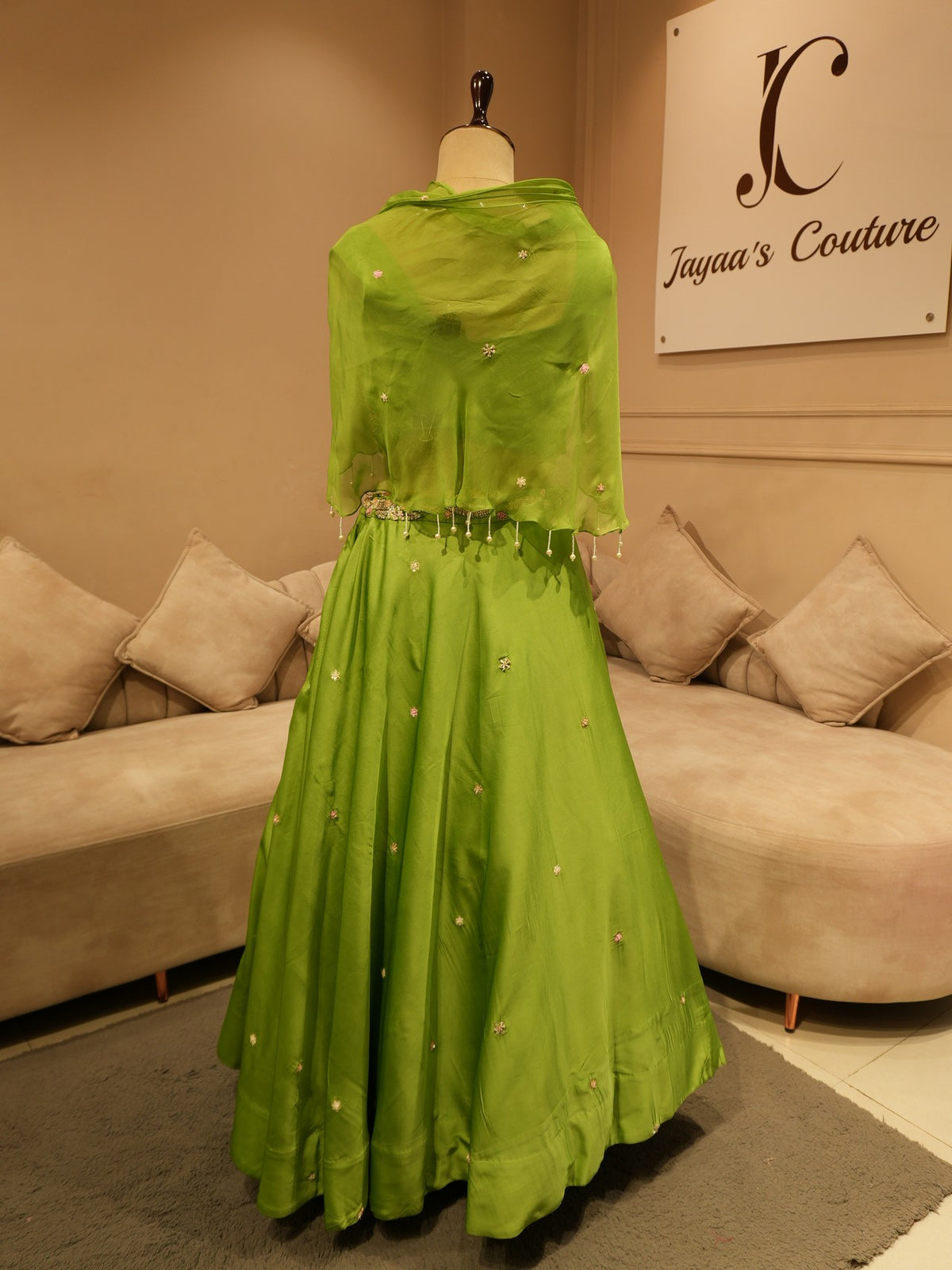 Parrot green drape crop top skirt