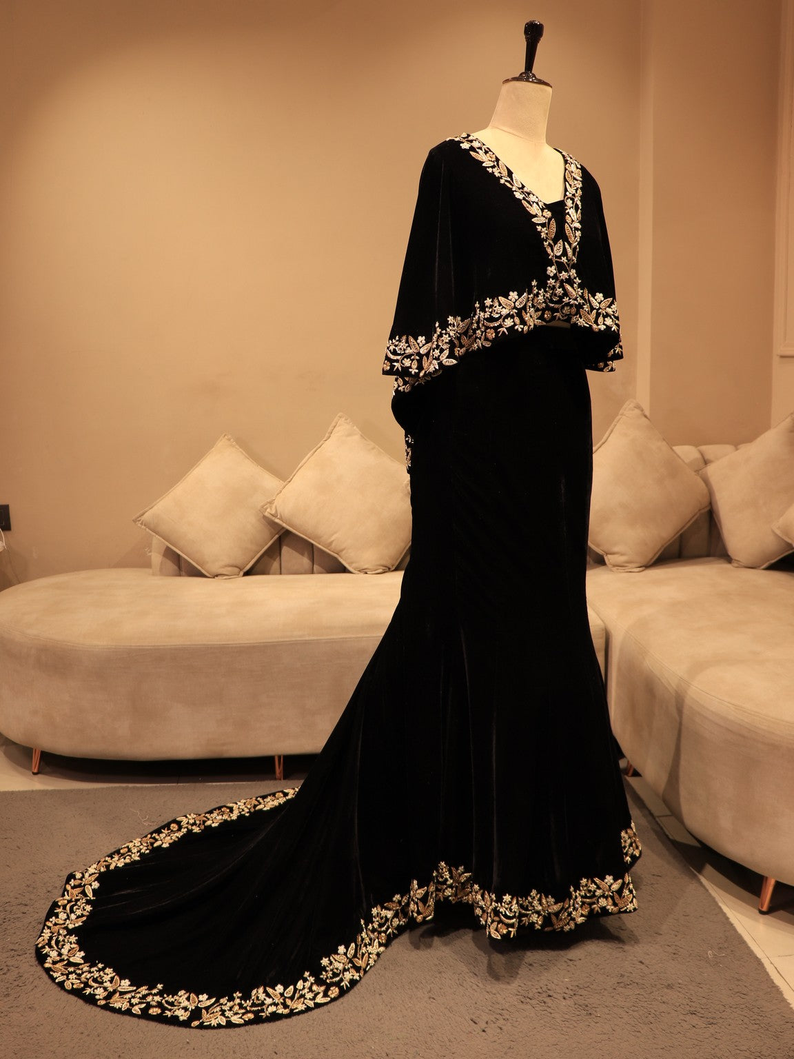 Black zardosi embroidered velvet gown