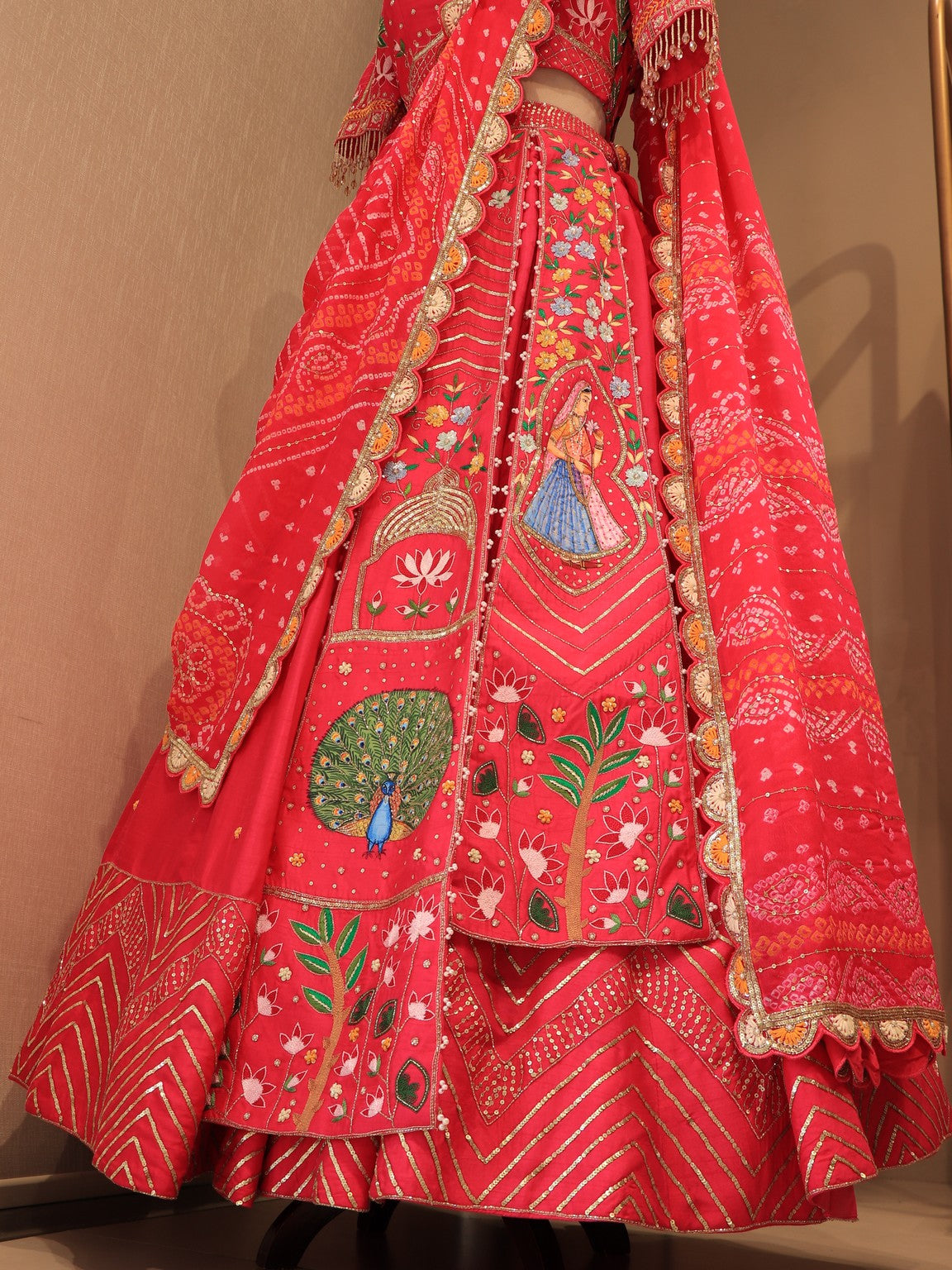 Pink bandhej peacock lehenga set