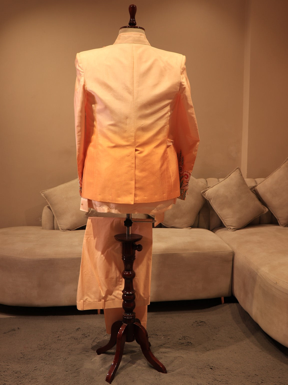 Peach shaded embroidered mens indo western