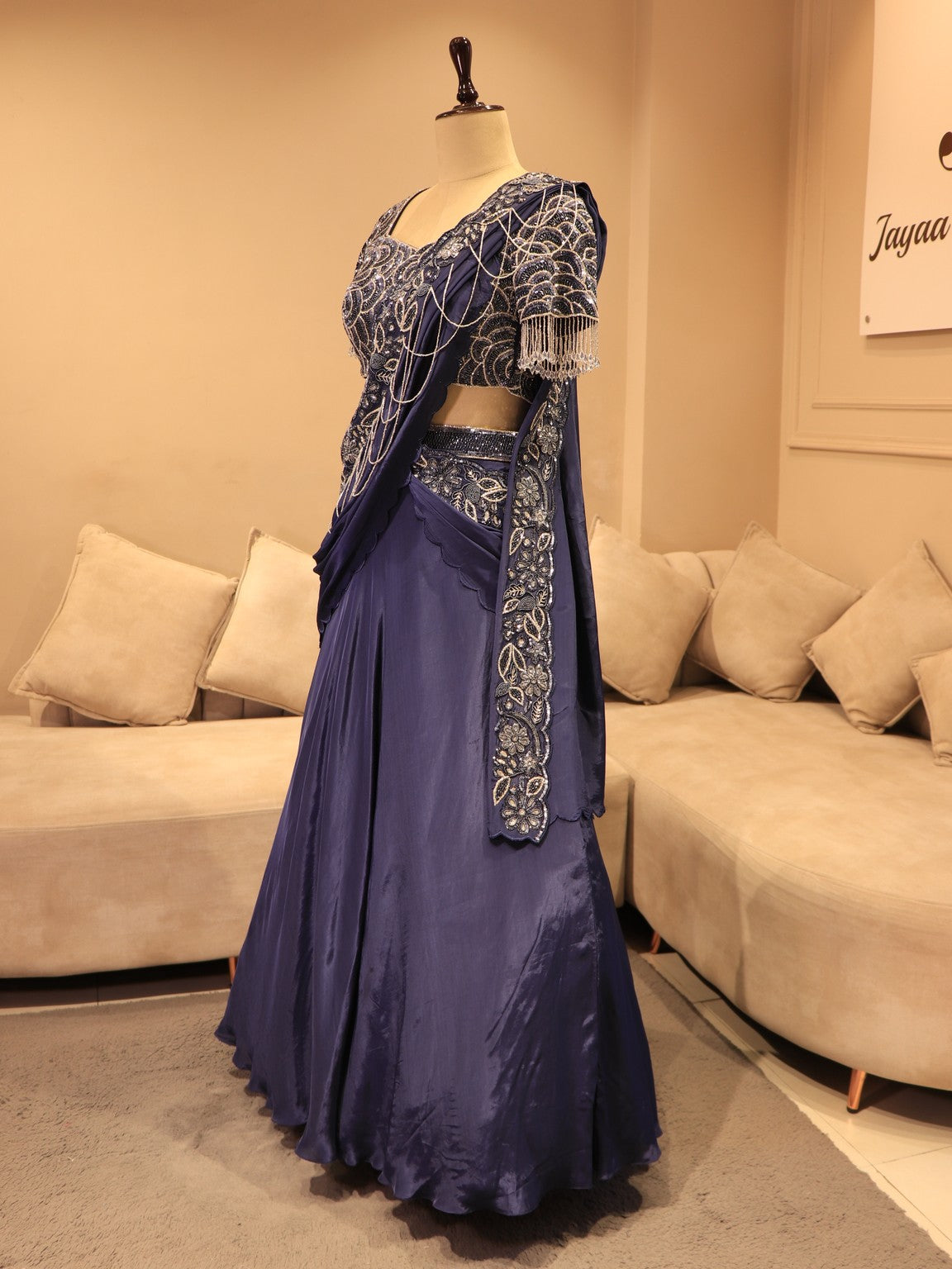 Navy blue drape lehenga set