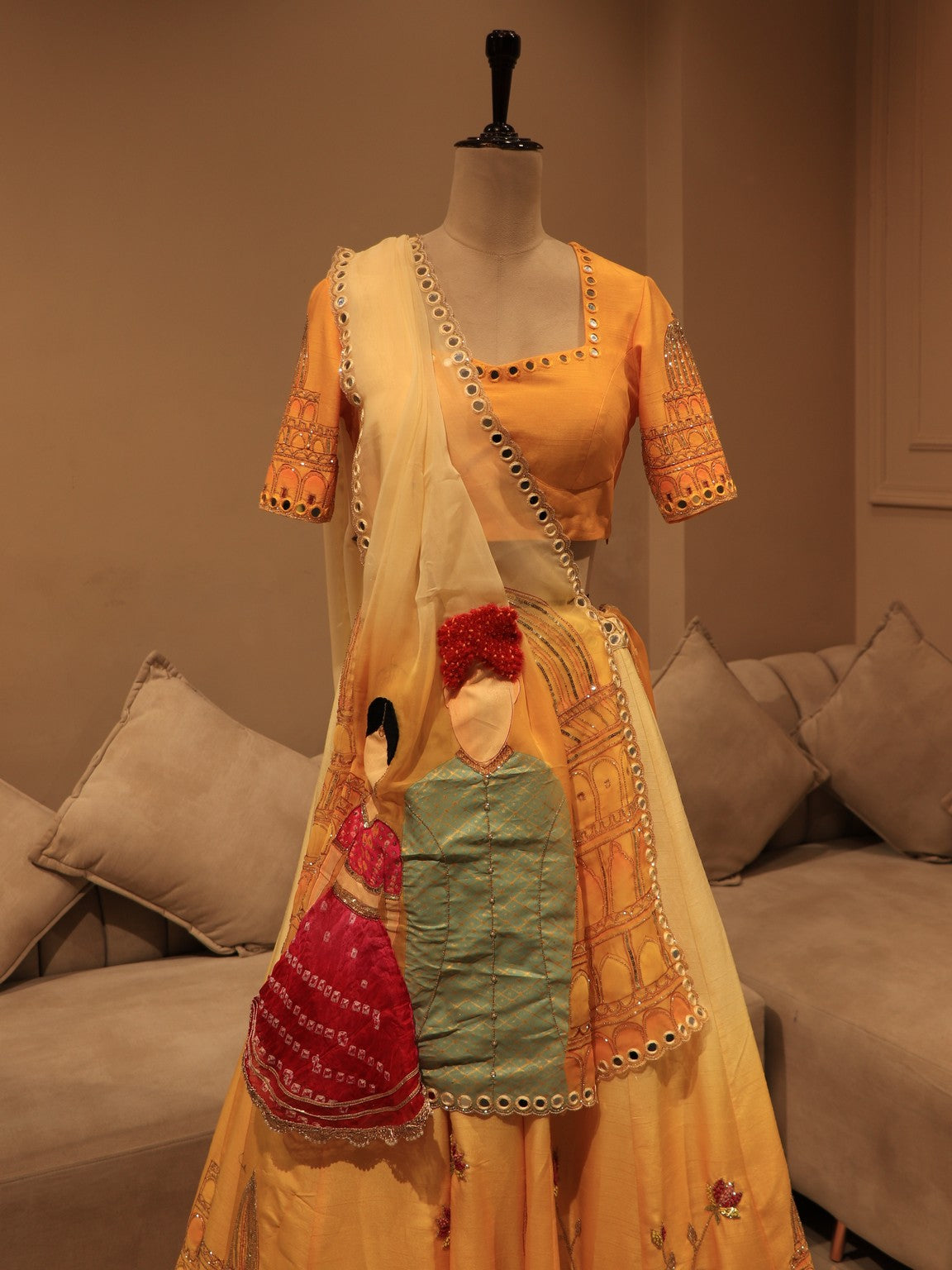 Yellow shaded hand painted lehenga set