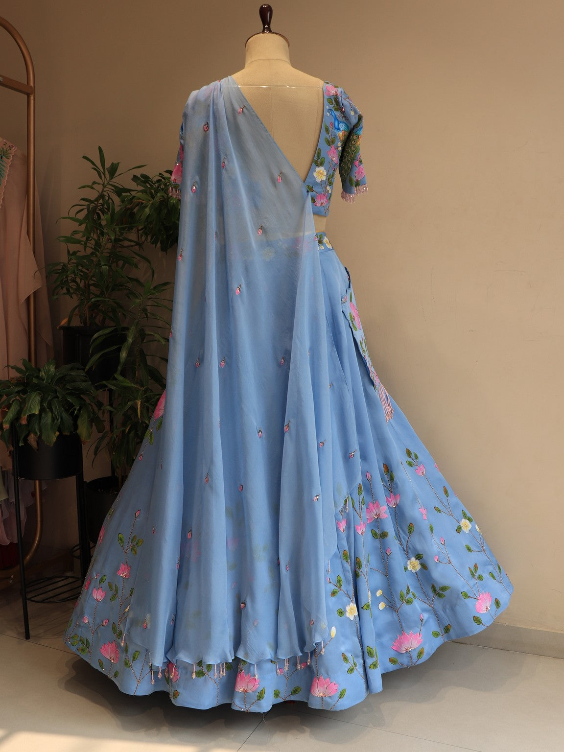 Sky blue peacock hand painted lehenga set