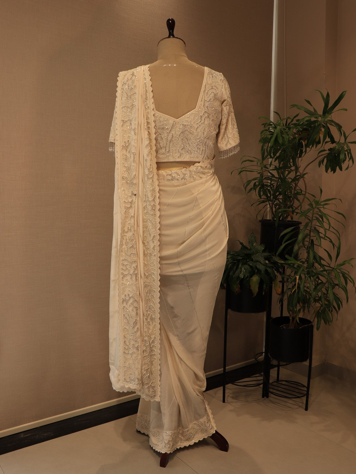 Pearl white embroidered saree