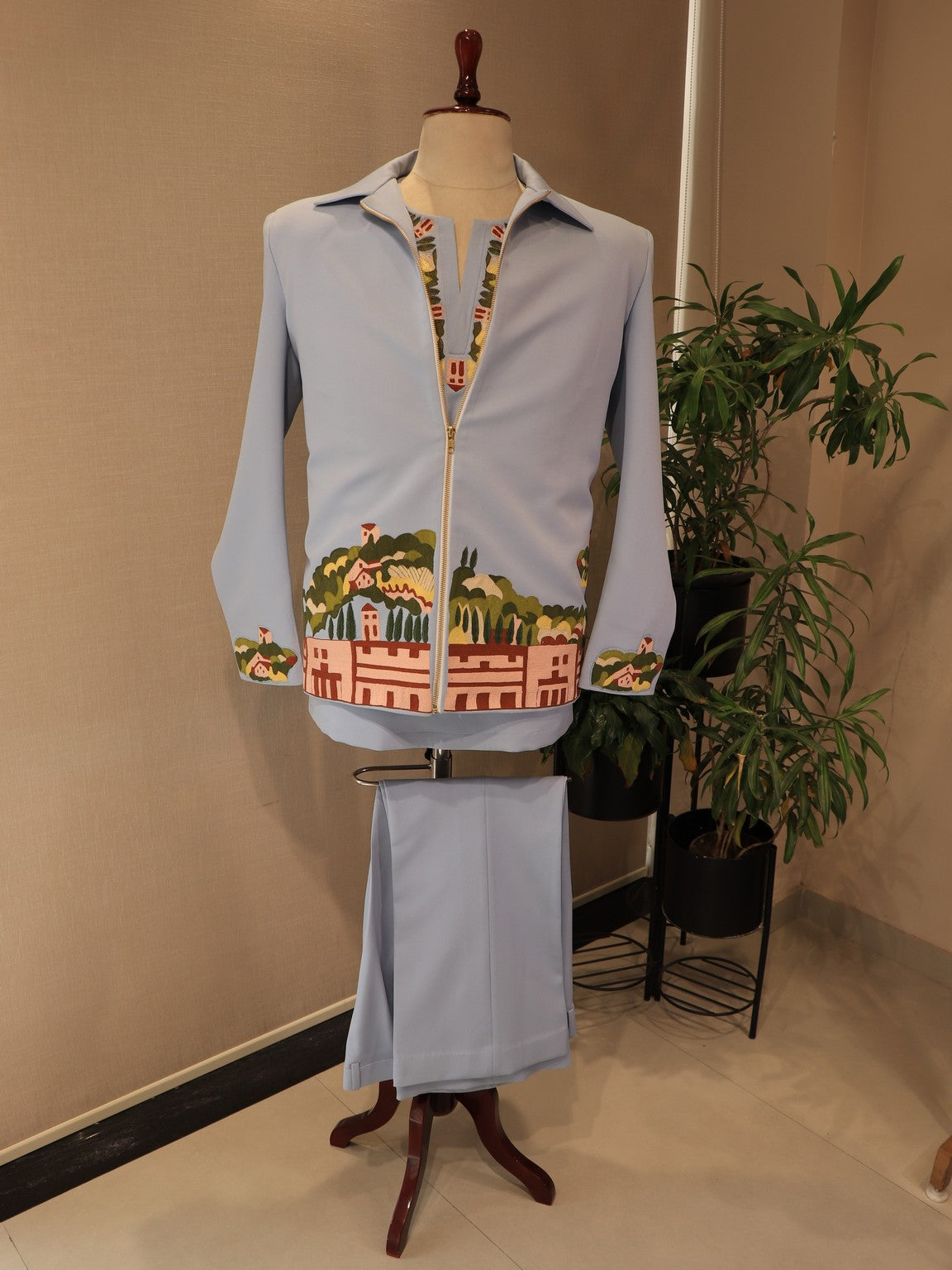 Powder blue mens embroidered bomber jacket with pants