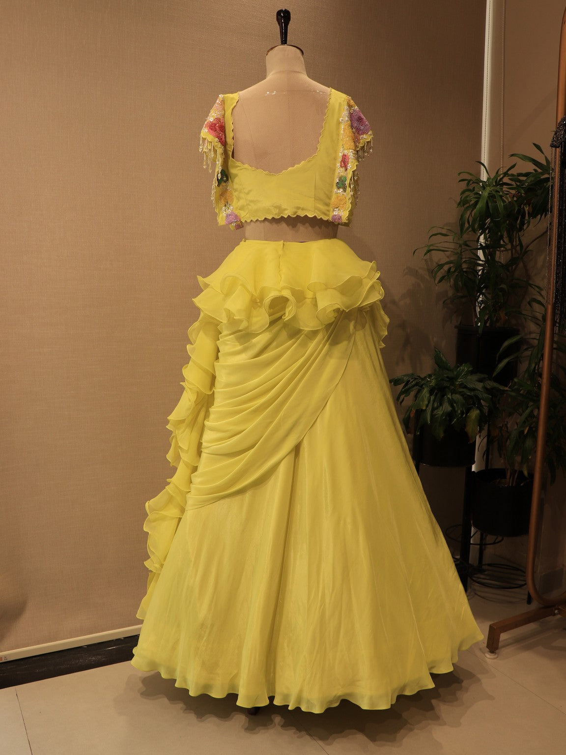 Yellow crop top skirt with drpe dupatta
