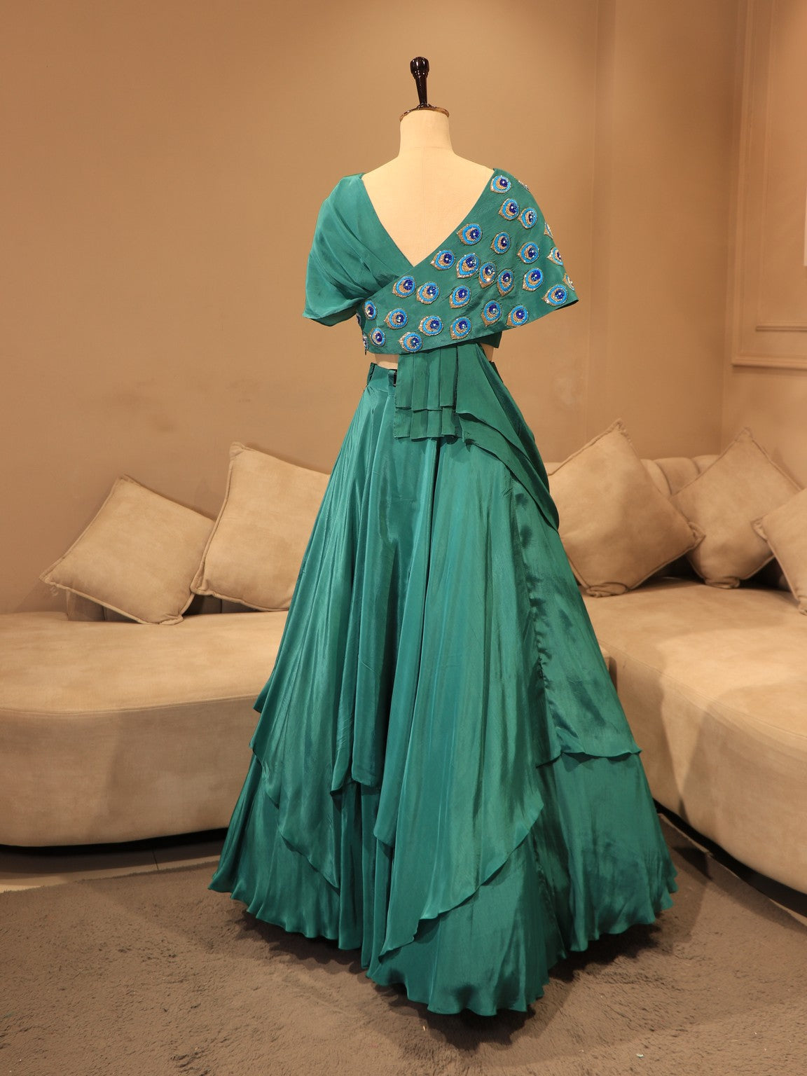 Turquoish green peacock cape top skirt set