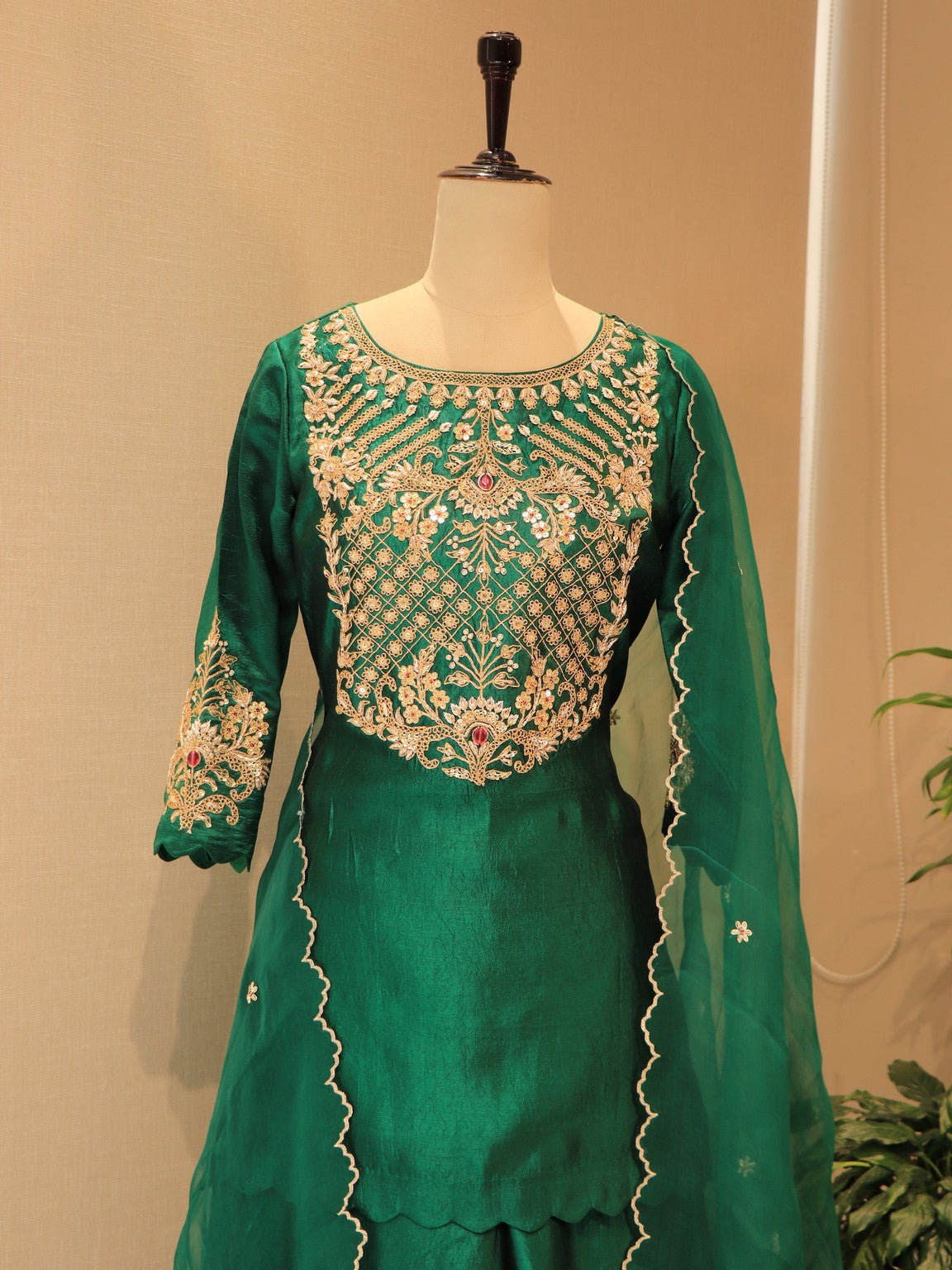 Bottle green kurta with plazo dupatta