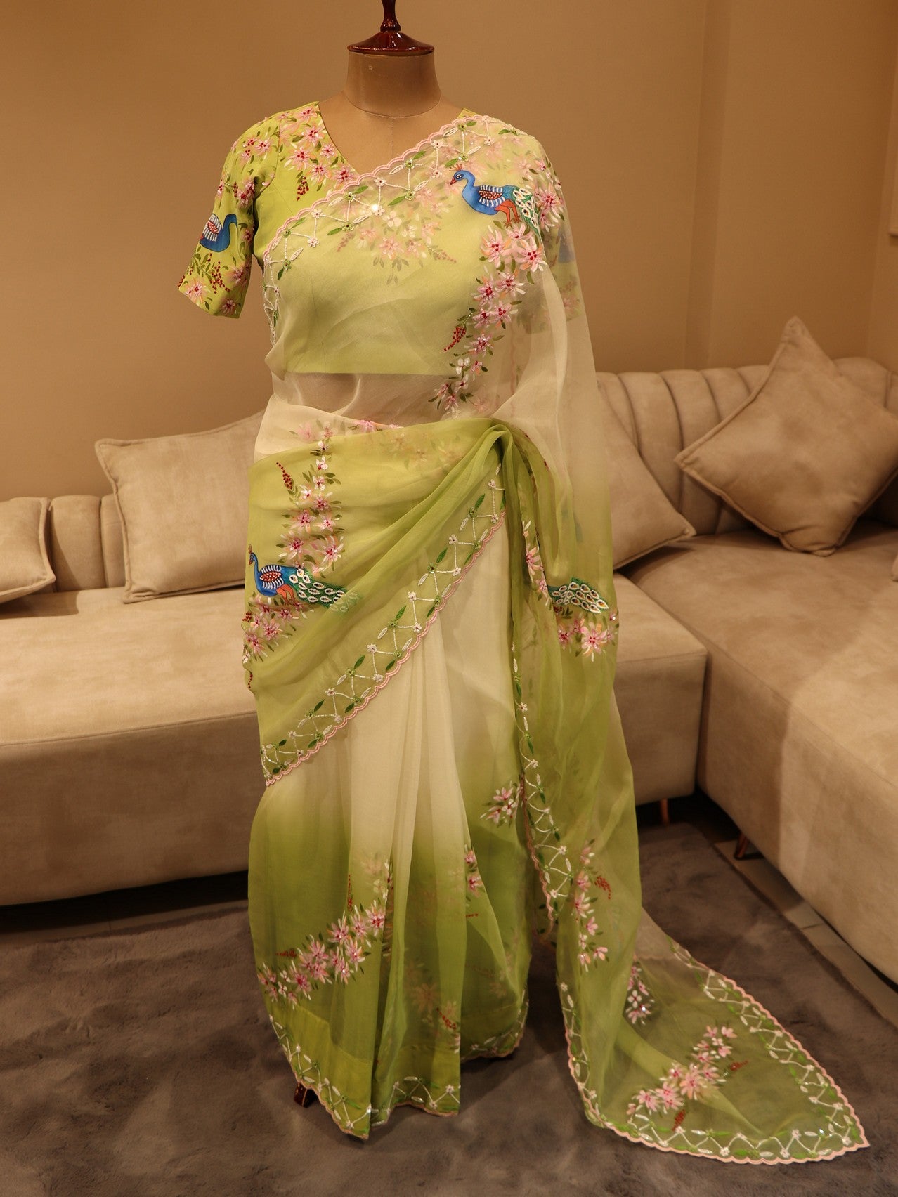 Pastel parrot green peacock hand painted saree with blazer