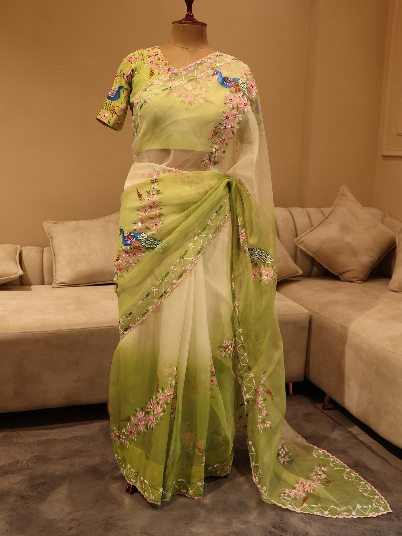 Pastel parrot green peacock hand painted saree with blazer