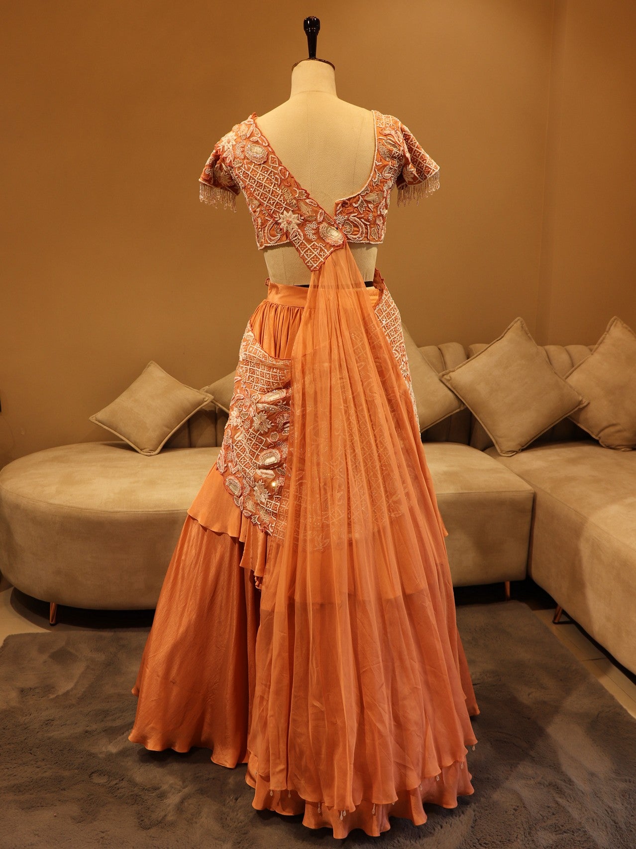 Peach lehenga with drape dupatta