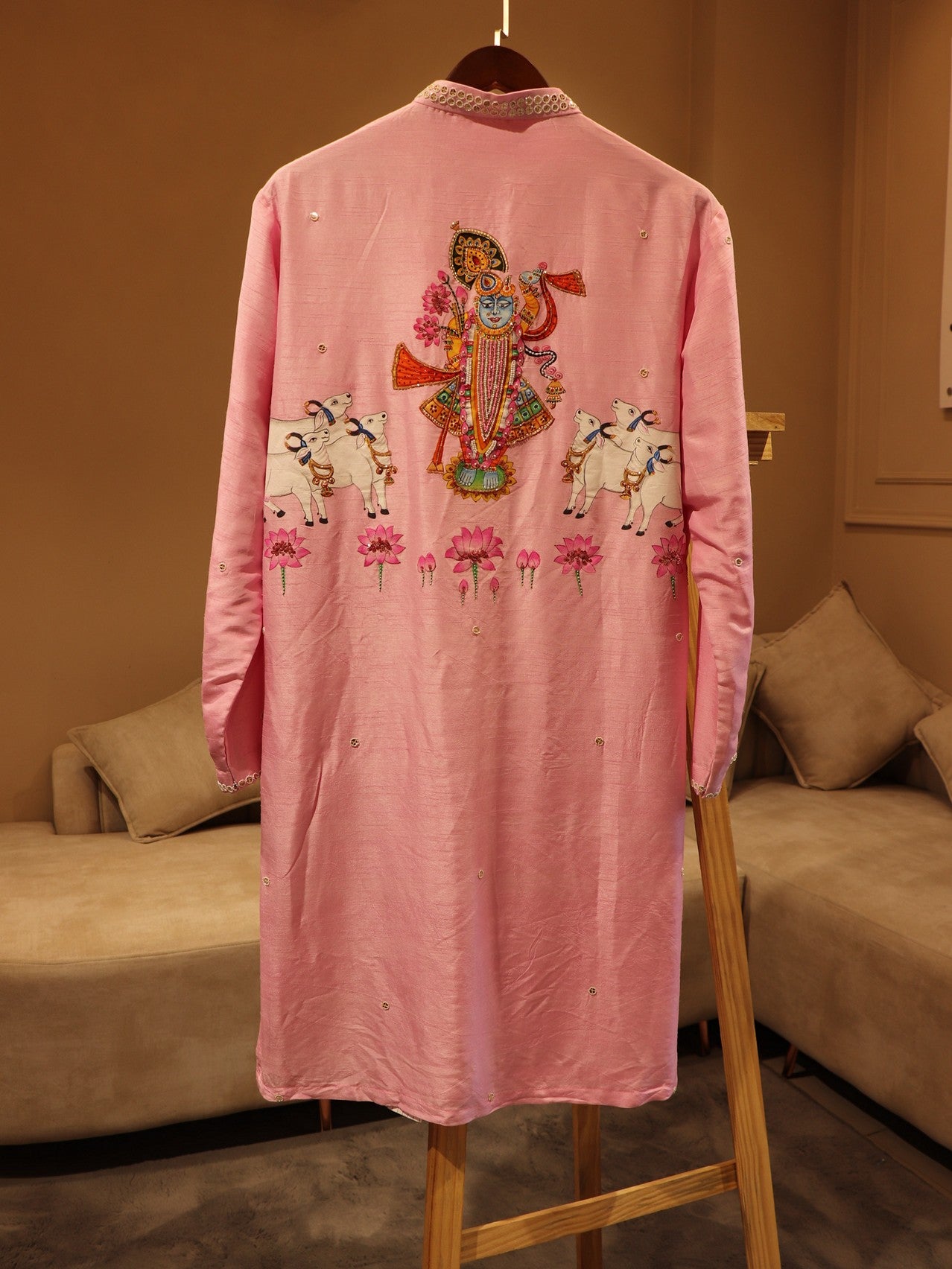 Pink handpainted shrinathji mens kurta with pants