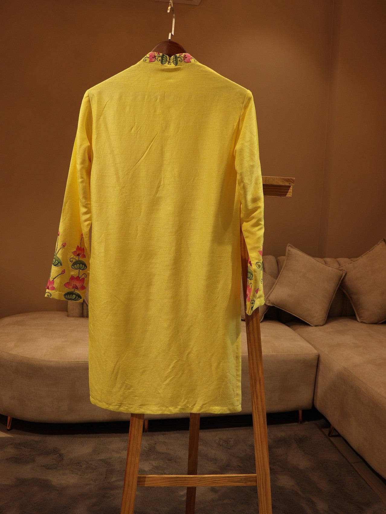Yellow shreenathji pichwai handpainted mens kurta