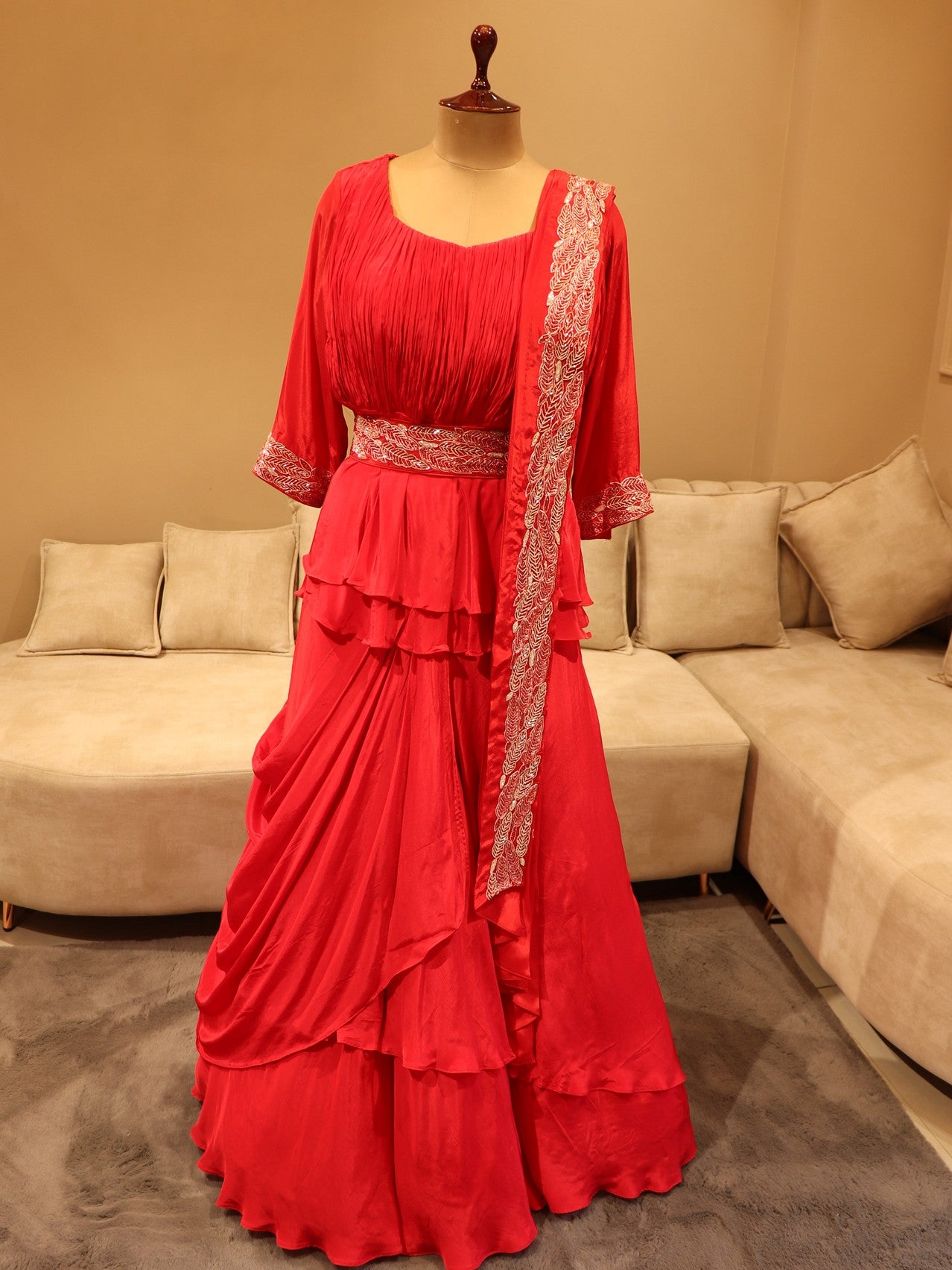 Red pleated top with skirt and drape dupatta