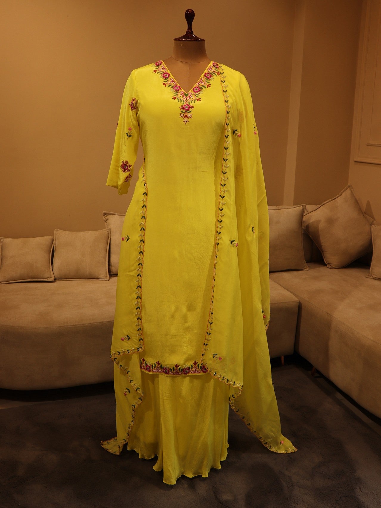 Lemon yellow kurta with plazo and dupatta