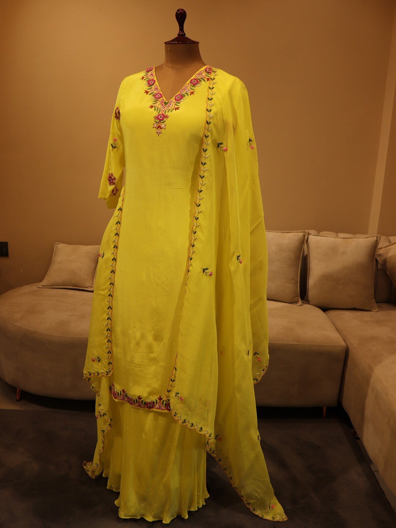 Lemon yellow kurta with plazo and dupatta