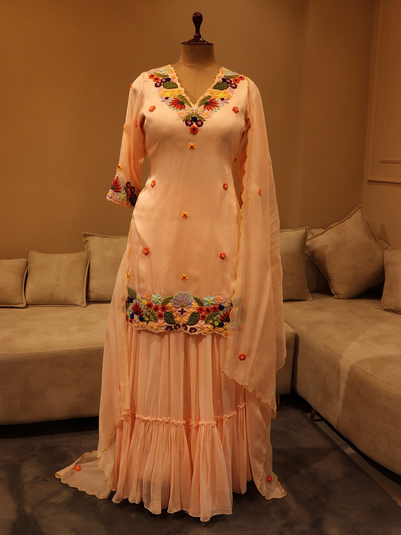 Blush pink embroidered kurta sharara dupatta